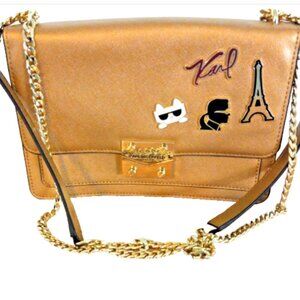 Karl Lagerfeld Paris Corinne Crossbody Bag Gold Faux Leather Chain EUC